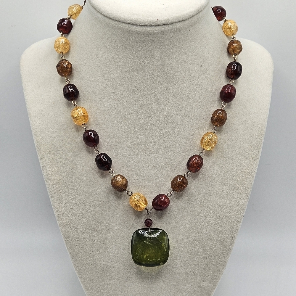 VINTAGE Monet Amber Color Crackled Glass Beaded Pendant Necklace Signed